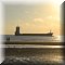 Een lege containerboot passeert het Zuiderstrand in Zoutelande