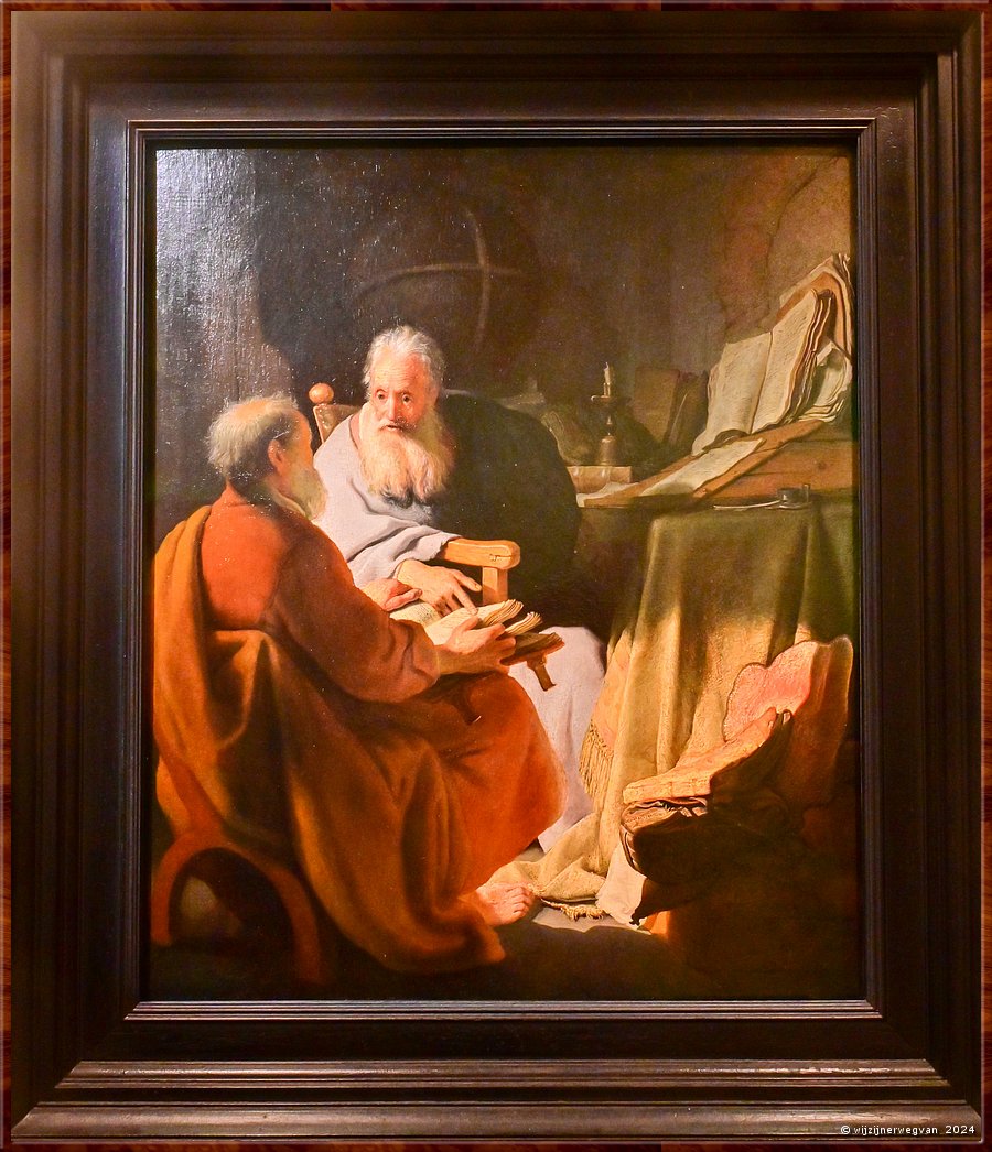 

Melbourne
National Gallery of Victoria International
'Two old men disputing', Rembrandt Harmensz van Rijn (1628)
Zijn het de filosofen Hippocrates en Democritus, de apostelen Petrus en Paulus of gewoon 'twee oude mannetjes'  -  6/78