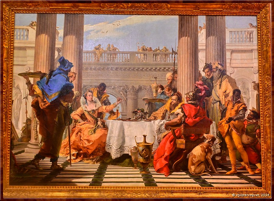 

Melbourne
National Gallery of Victoria International
'The banquet of Cleopatra', Giambattista Tiepolo (1744)
Cleopatra lost haar dure parel op in een glas azijn. Ze drinkt het op 
en wint daarmee de weddenschap met Marcus Antonius om het meest extravagante banket.  -  8/78