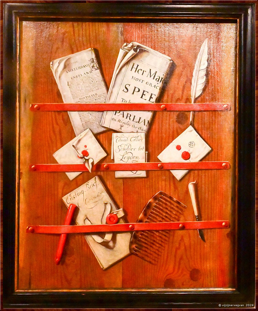 

Melbourne
National Gallery of Victoria International
'Trompe l'oeil with a letter rack holding newspapers, lettes, writing equipment and a comb', Edwaert Collier (1706)
Alweer een Nederlands werk  -  10/78