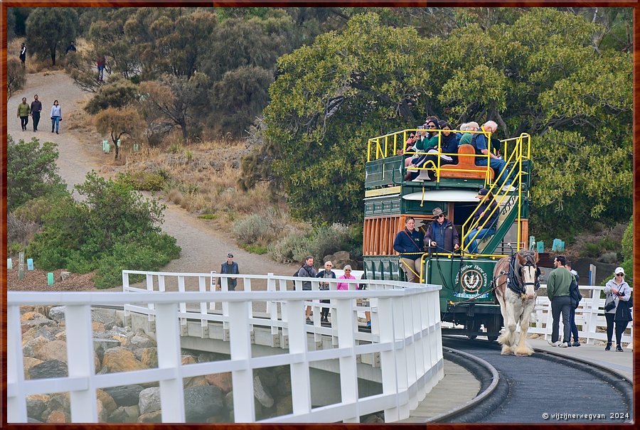 

Victor Harbor
Granite Island, Kaiki Trail
Paardentram
In 1954 werd de paardentram vervangen door een tractortram, maar die was minder populair! 
In 1986 werd de originele paardentram weer in werking gesteld en deze opereert nog dagelijks.  -  16/44